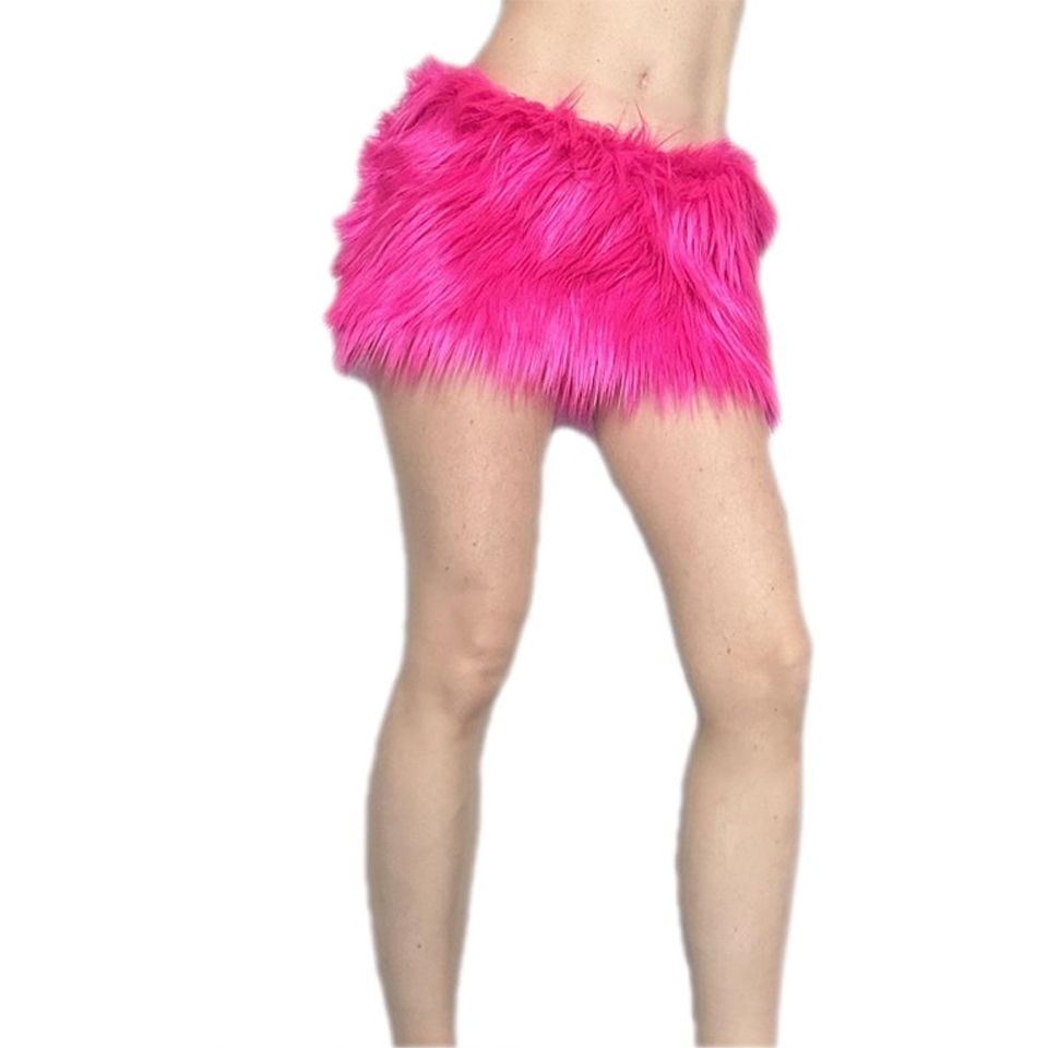 Bianna Cute Bright Hot Pink Furry Mini Skirt, Mardi Gras Costume Faux Fur Dress Up Rave Fuzzy Halloween Carnival Carnevale