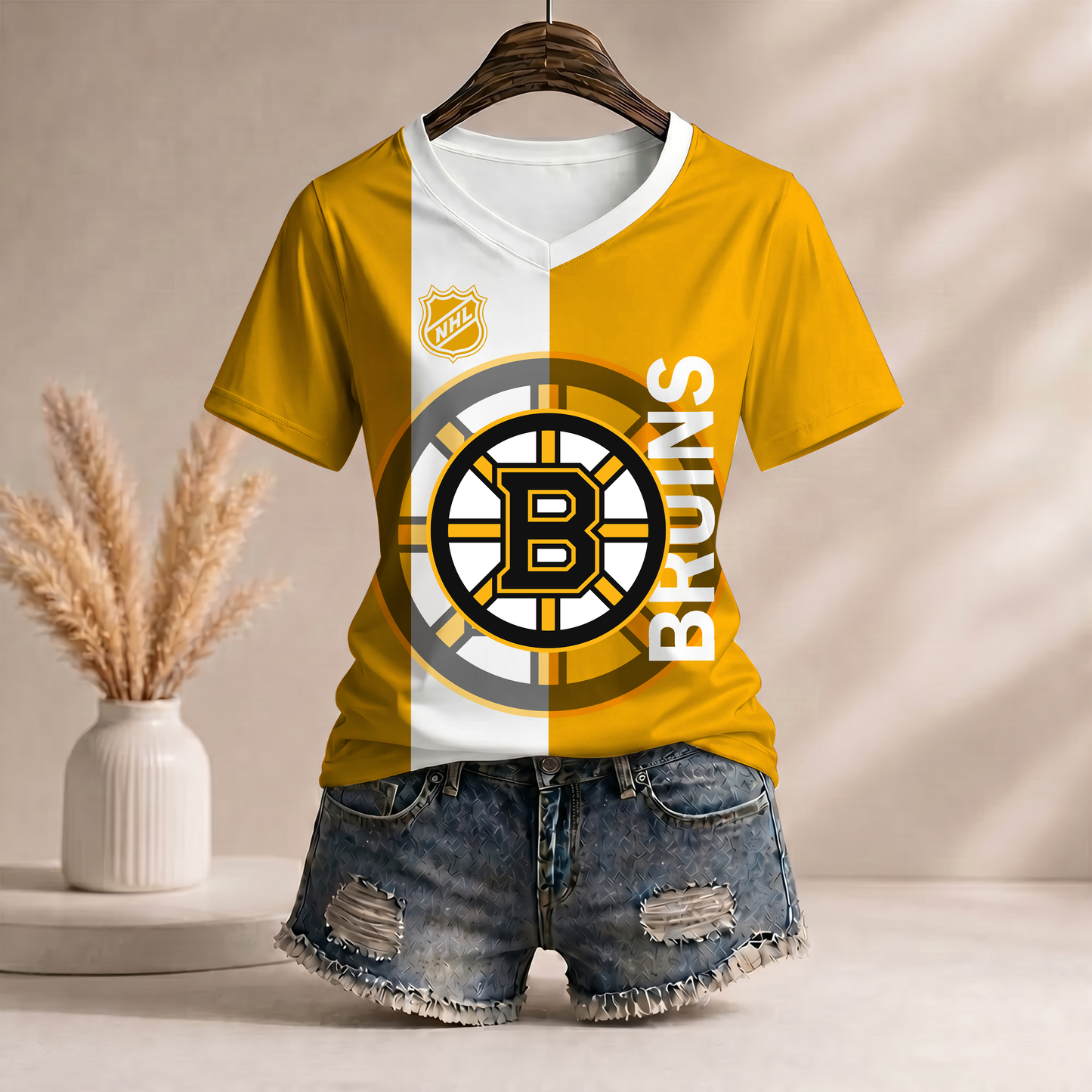 PREMIUM NHL X BB Women�???s Casual Loose Stripe V-Neck T-Shirt NDT VHM 290526