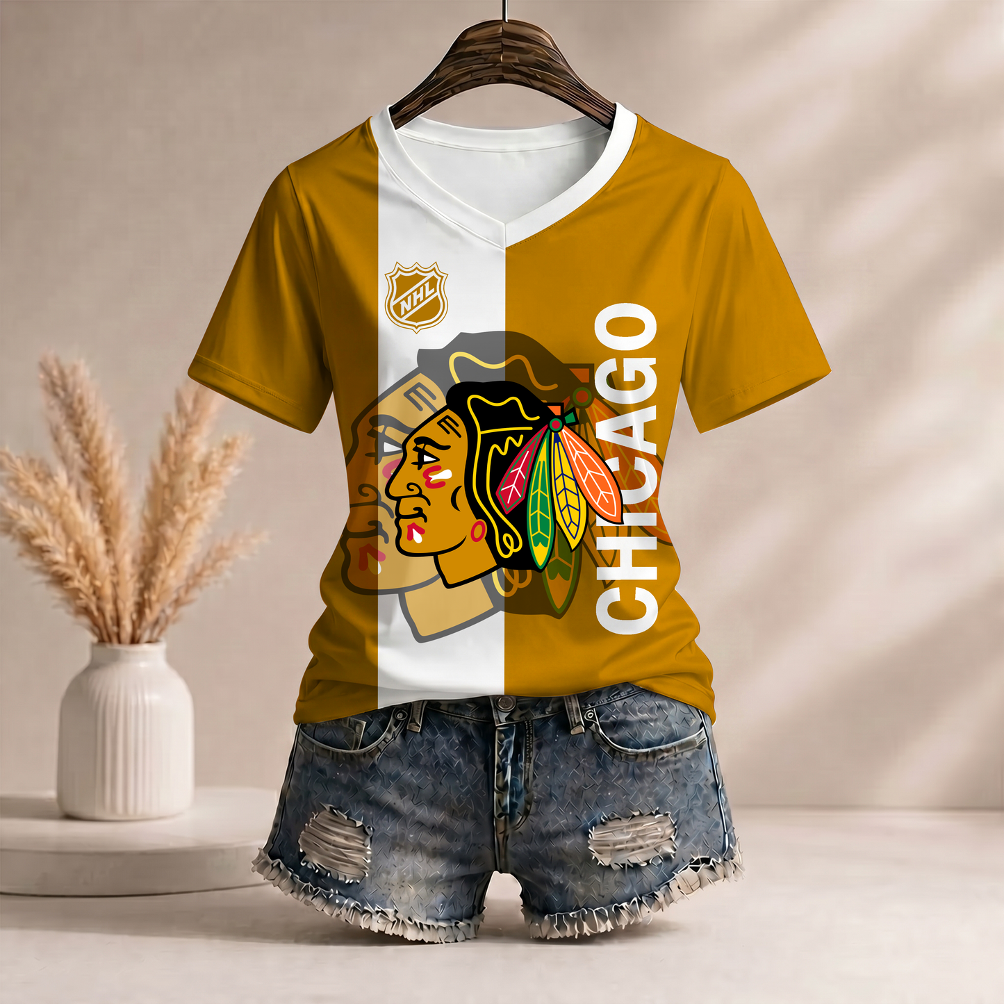PREMIUM NHL X CB Women�???s Casual Loose Stripe V-Neck T-Shirt NDT VHM 290526