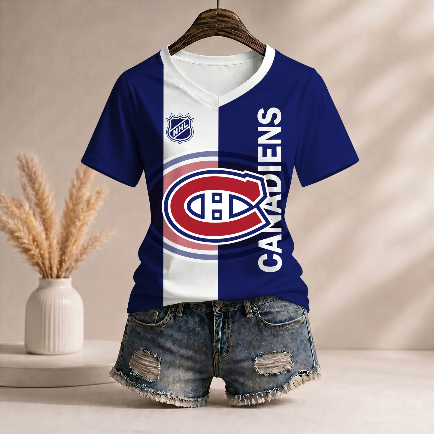 PREMIUM NHL X MC Women�???s Casual Loose Stripe V-Neck T-Shirt NDT VHM 290526