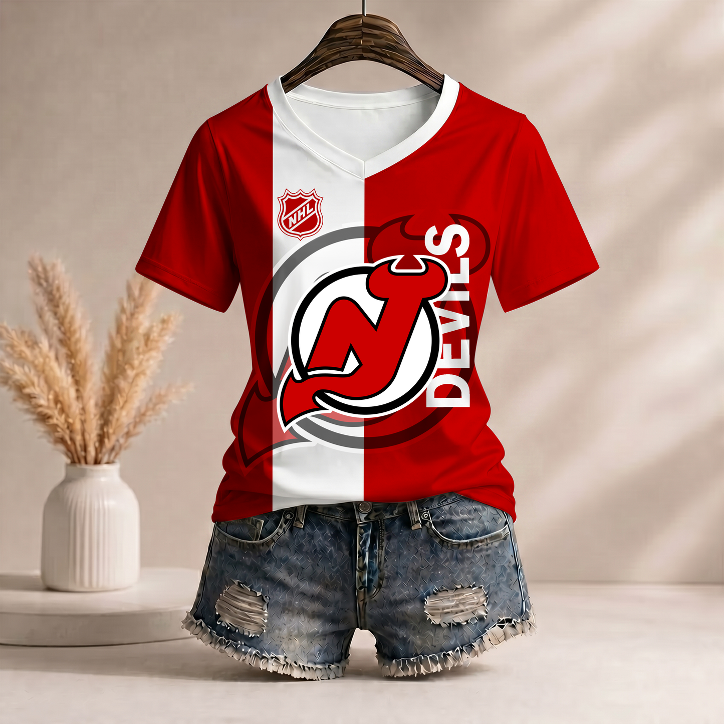 PREMIUM NHL X NJD Women�???s Casual Loose Stripe V-Neck T-Shirt NDT VHM 290526