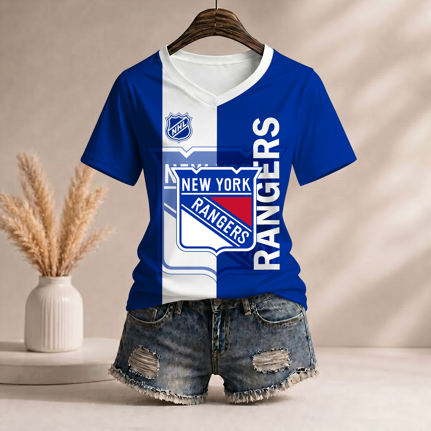 PREMIUM NHL X NYR Women�???s Casual Loose Stripe V-Neck T-Shirt NDT VHM 290526