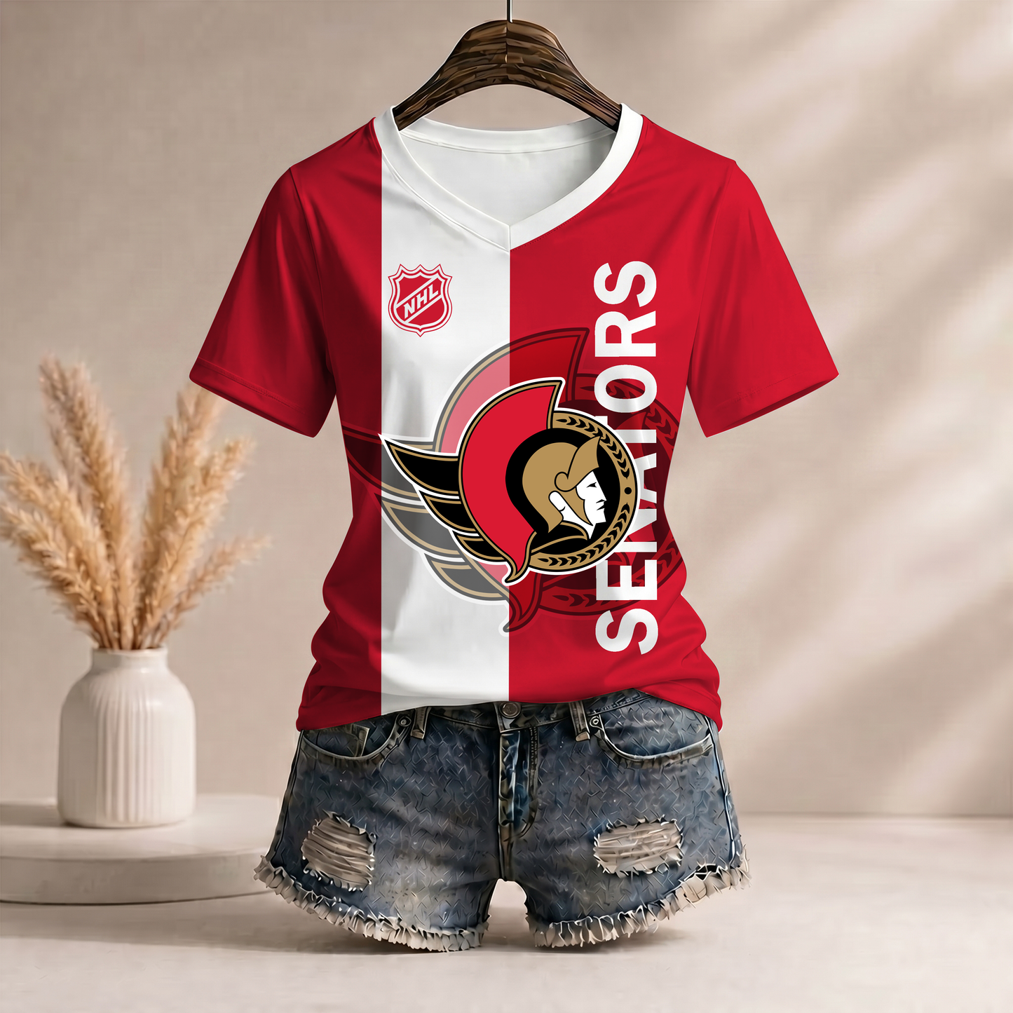 PREMIUM NHL X OS Women�???s Casual Loose Stripe V-Neck T-Shirt NDT VHM 290526