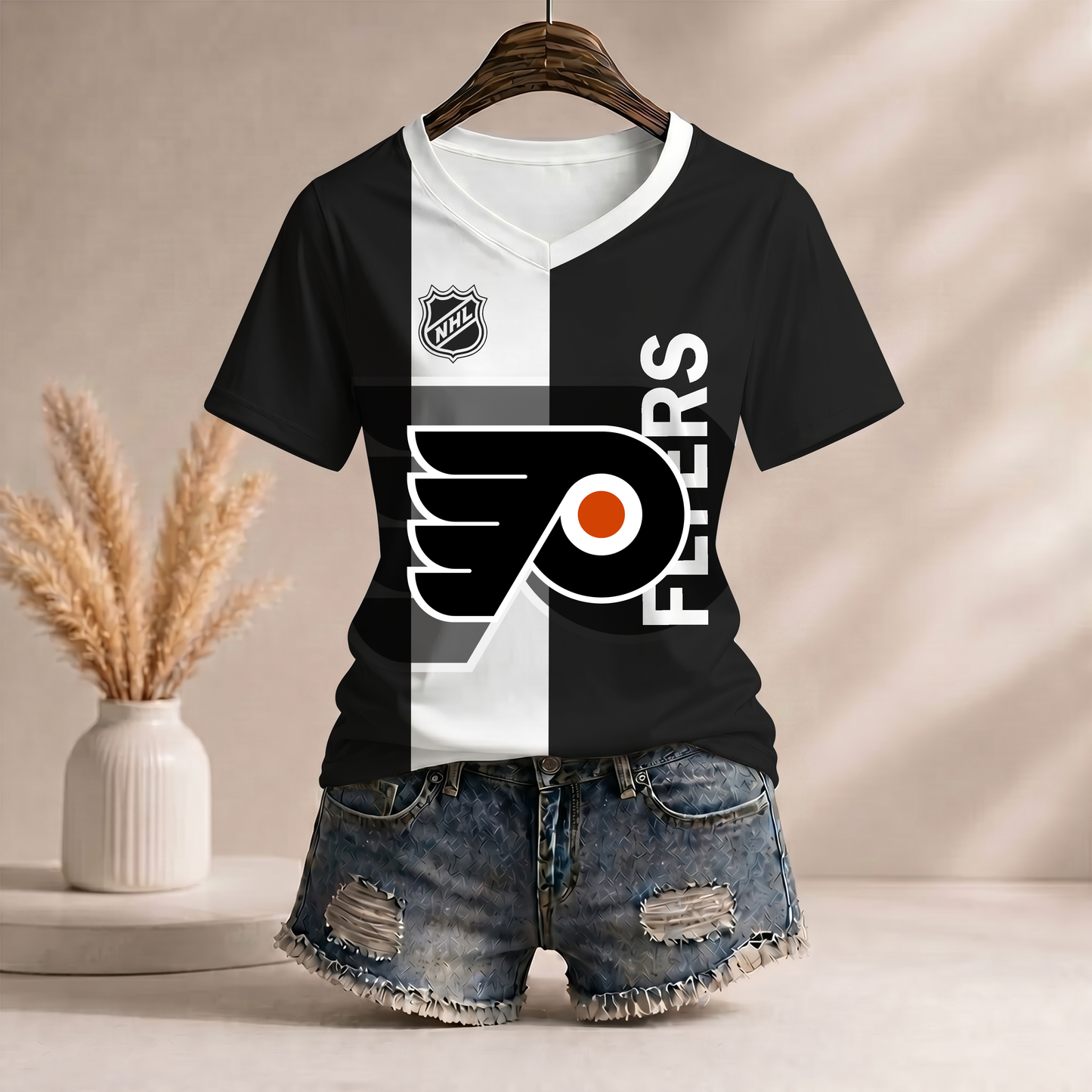 PREMIUM NHL X PF Women�???s Casual Loose Stripe V-Neck T-Shirt NDT VHM 290526