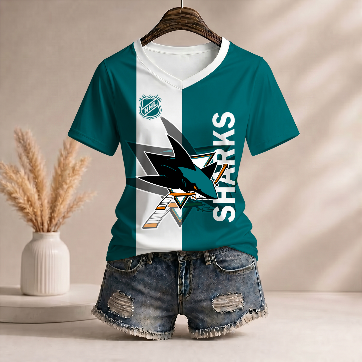 PREMIUM NHL X SJS Women�???s Casual Loose Stripe V-Neck T-Shirt NDT VHM 290526