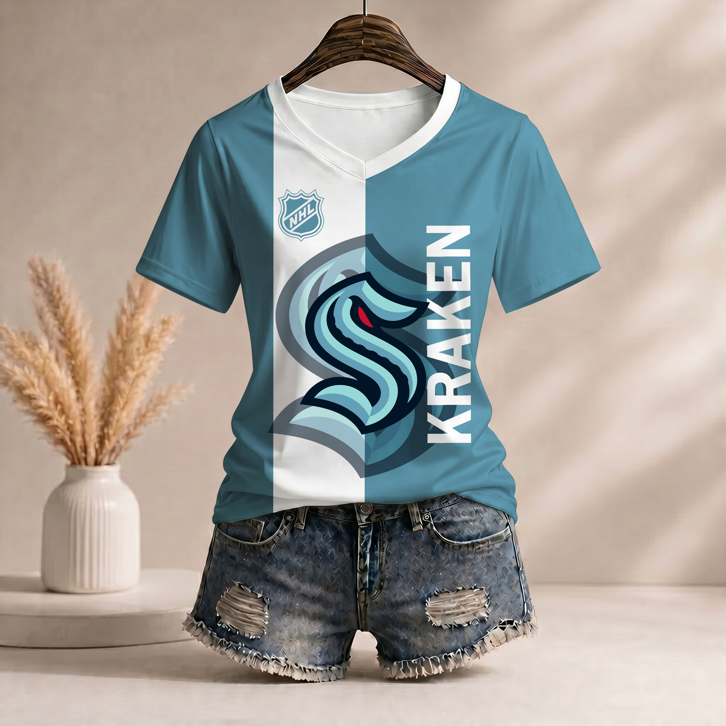 PREMIUM NHL X SK Women�???s Casual Loose Stripe V-Neck T-Shirt NDT VHM 290526
