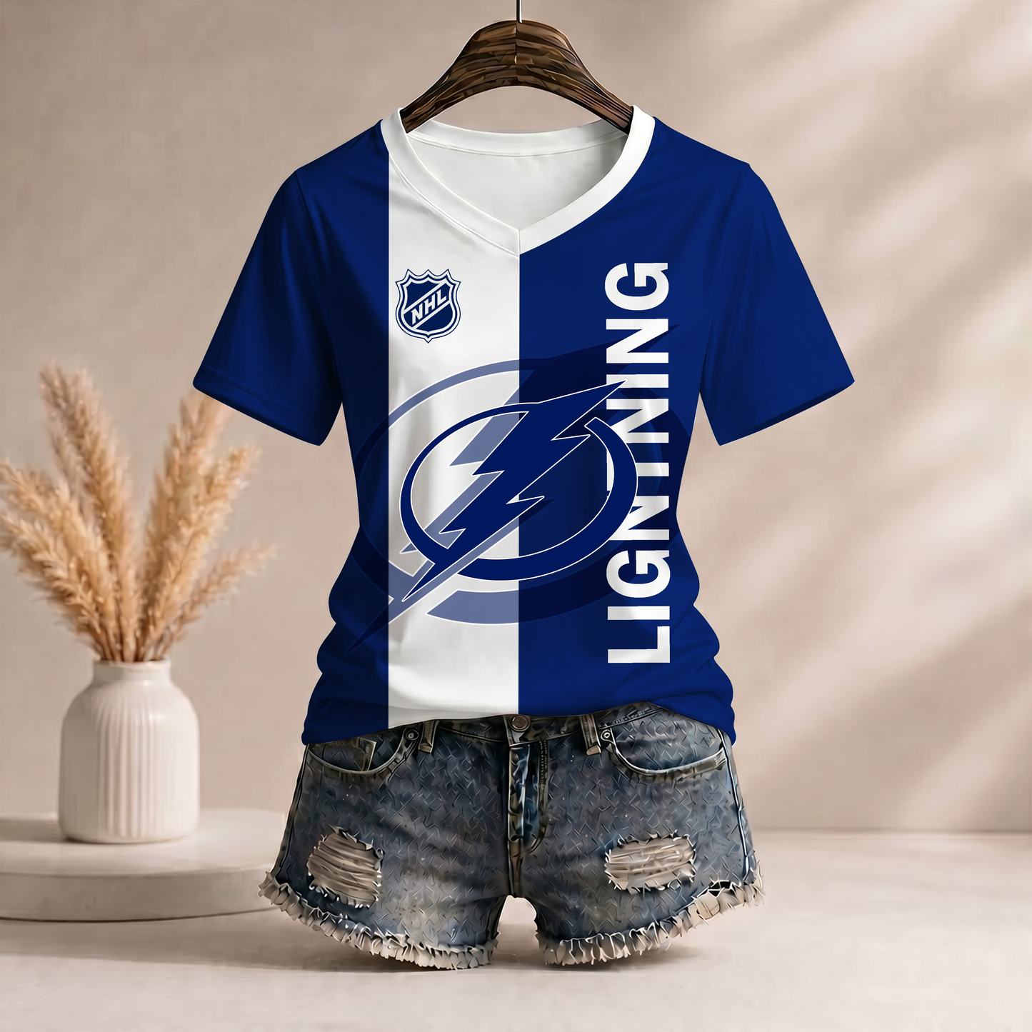 PREMIUM NHL X TBL Women�???s Casual Loose Stripe V-Neck T-Shirt NDT VHM 290526