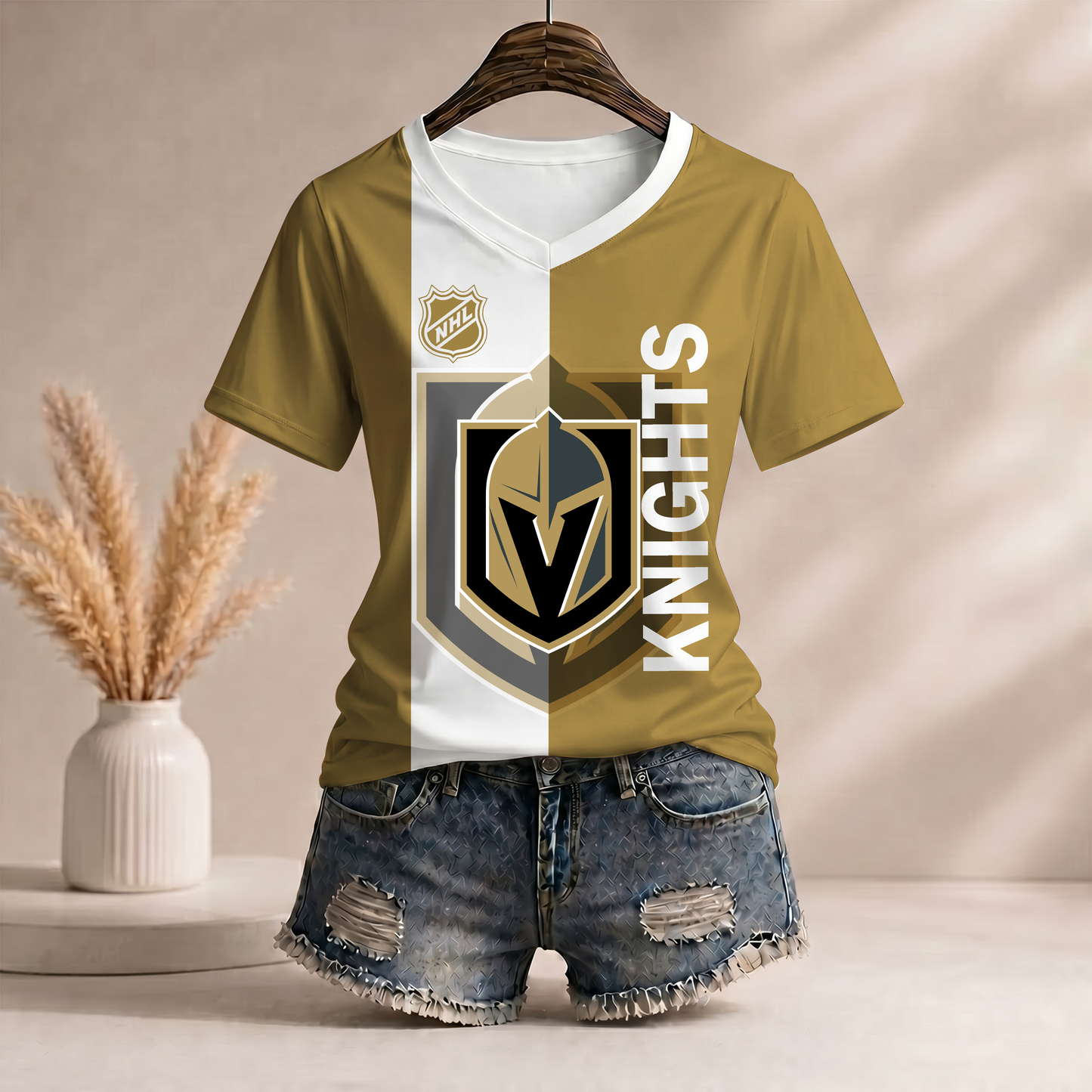 PREMIUM NHL X VGK Women�???s Casual Loose Stripe V-Neck T-Shirt NDT VHM 290526