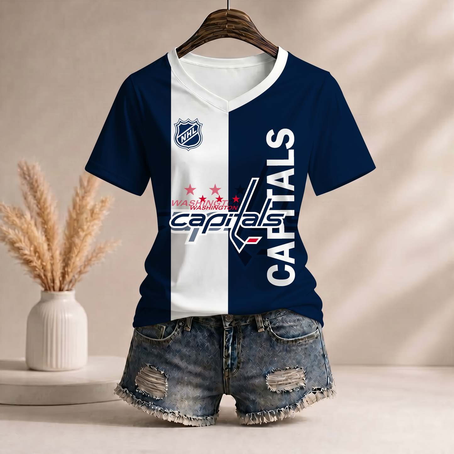 PREMIUM NHL X WC Women�???s Casual Loose Stripe V-Neck T-Shirt NDT VHM 290526