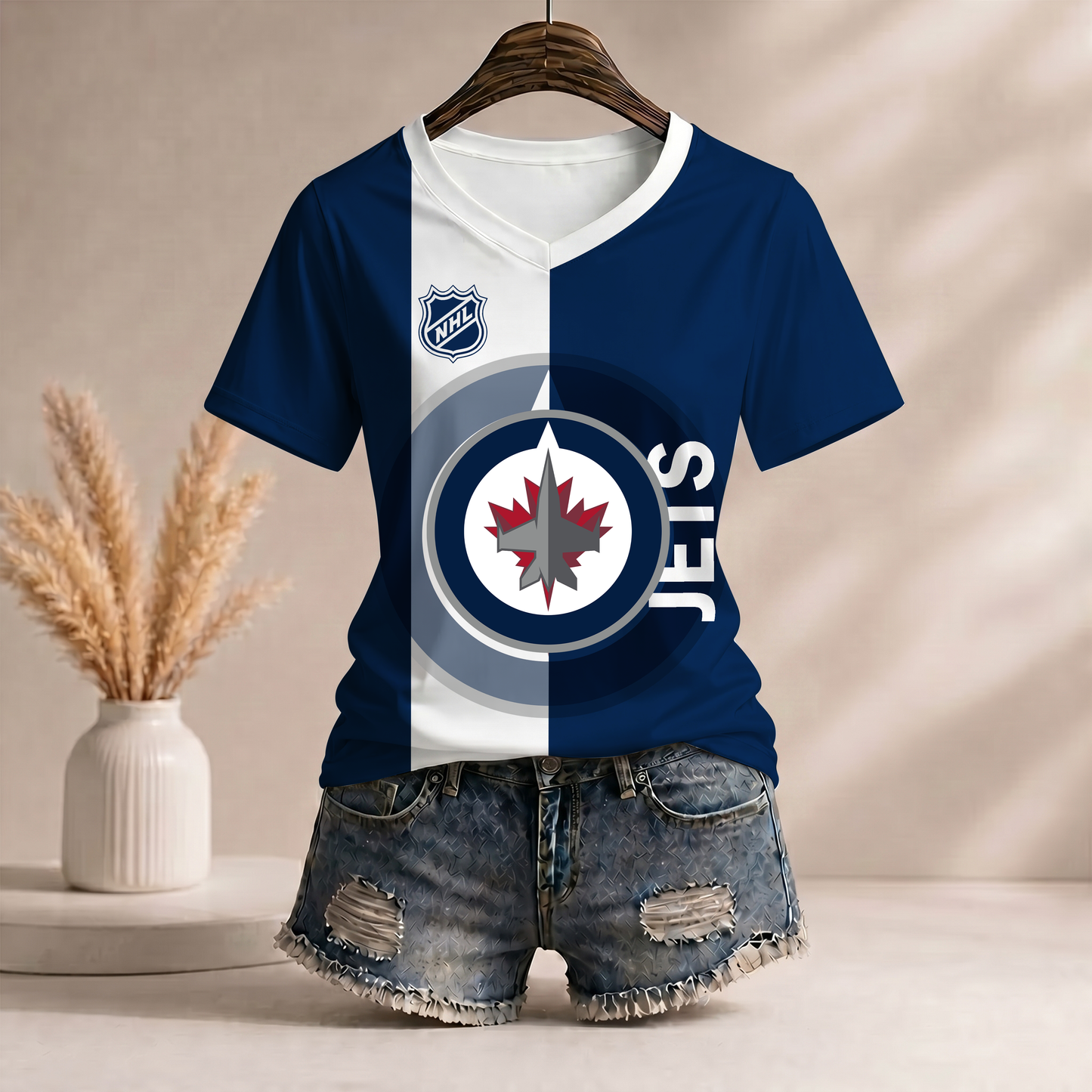 PREMIUM NHL X WJ Women�???s Casual Loose Stripe V-Neck T-Shirt NDT VHM 290526