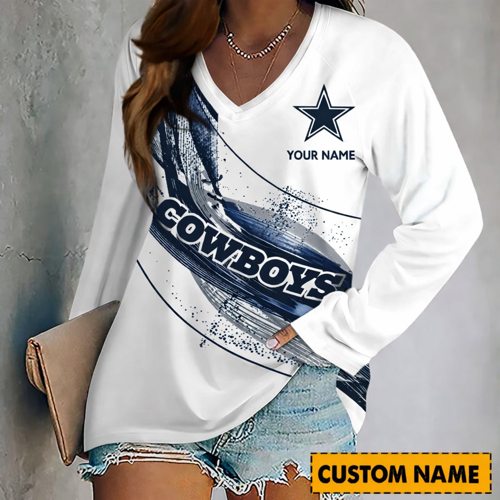 PREMIUM NFL X DAL Women’???s V-Neck Long-Sleeved Shirt - Custom Name Gifts For Fans NDT NHM 240226