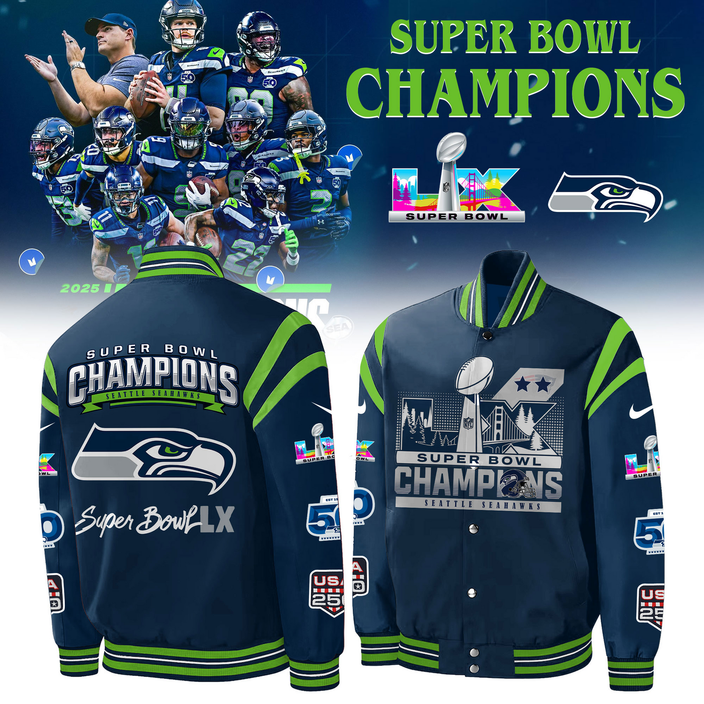 PREMIUM NFL X SEA CHAMPION SUPER BOWL Baseball Jacket V2 NDT NHM 090226