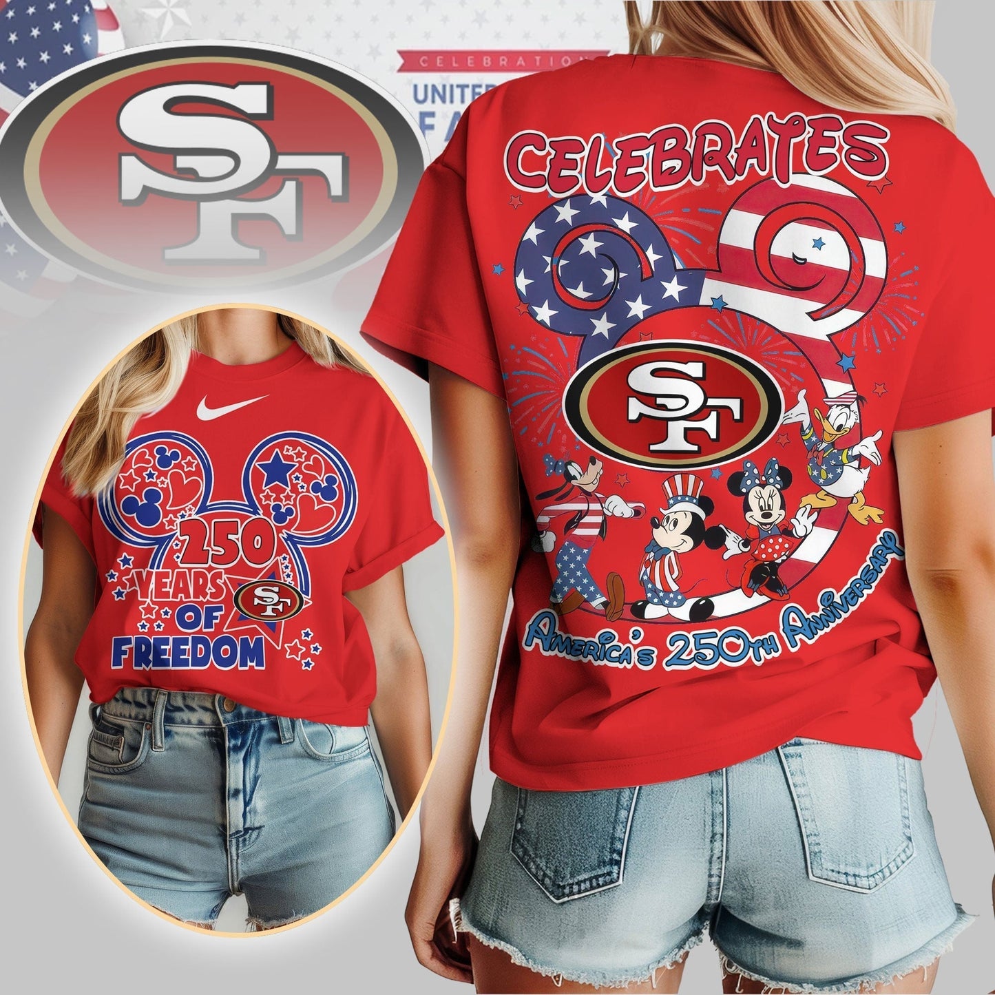 Premium NFL X 49ERS Mouse Celebrates America 250th Anniversary Women Shirt NDT LVH
