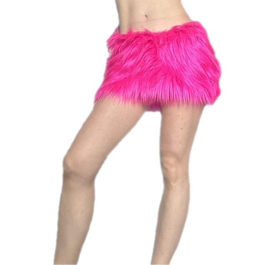 Bianna Cute Bright Hot Pink Furry Mini Skirt, Mardi Gras Costume Faux Fur Dress Up Rave Fuzzy Halloween Carnival Carnevale