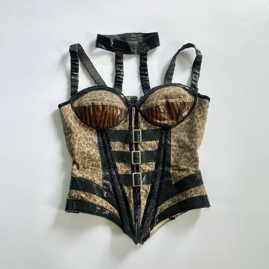Brown Python-Effect Animalier Corset With Front Laces