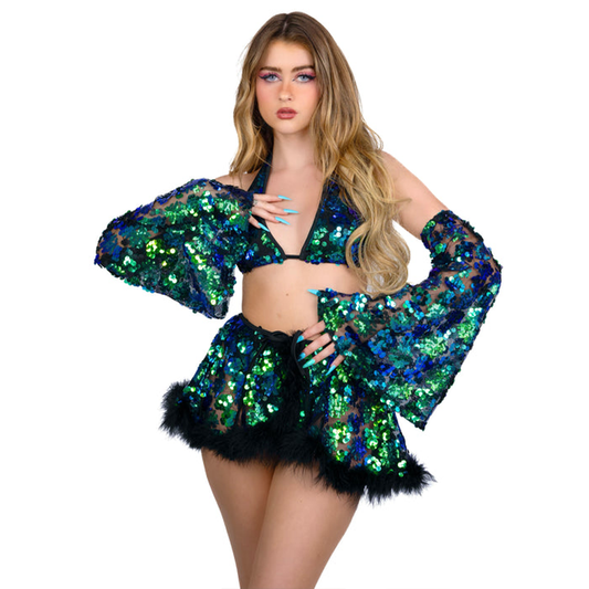 Mermaid Sequin Bra Top And Skirt With Faux Fur Trim