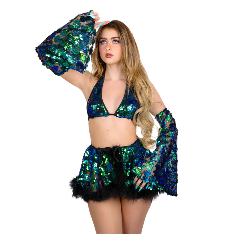 Mermaid Sequin Bra Top And Skirt With Faux Fur Trim
