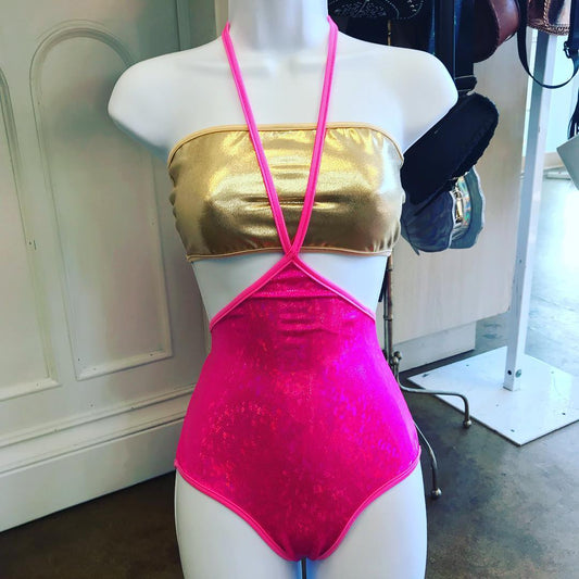 Metallic Gold & Neon Pink Halter One-Piece Swimsuit