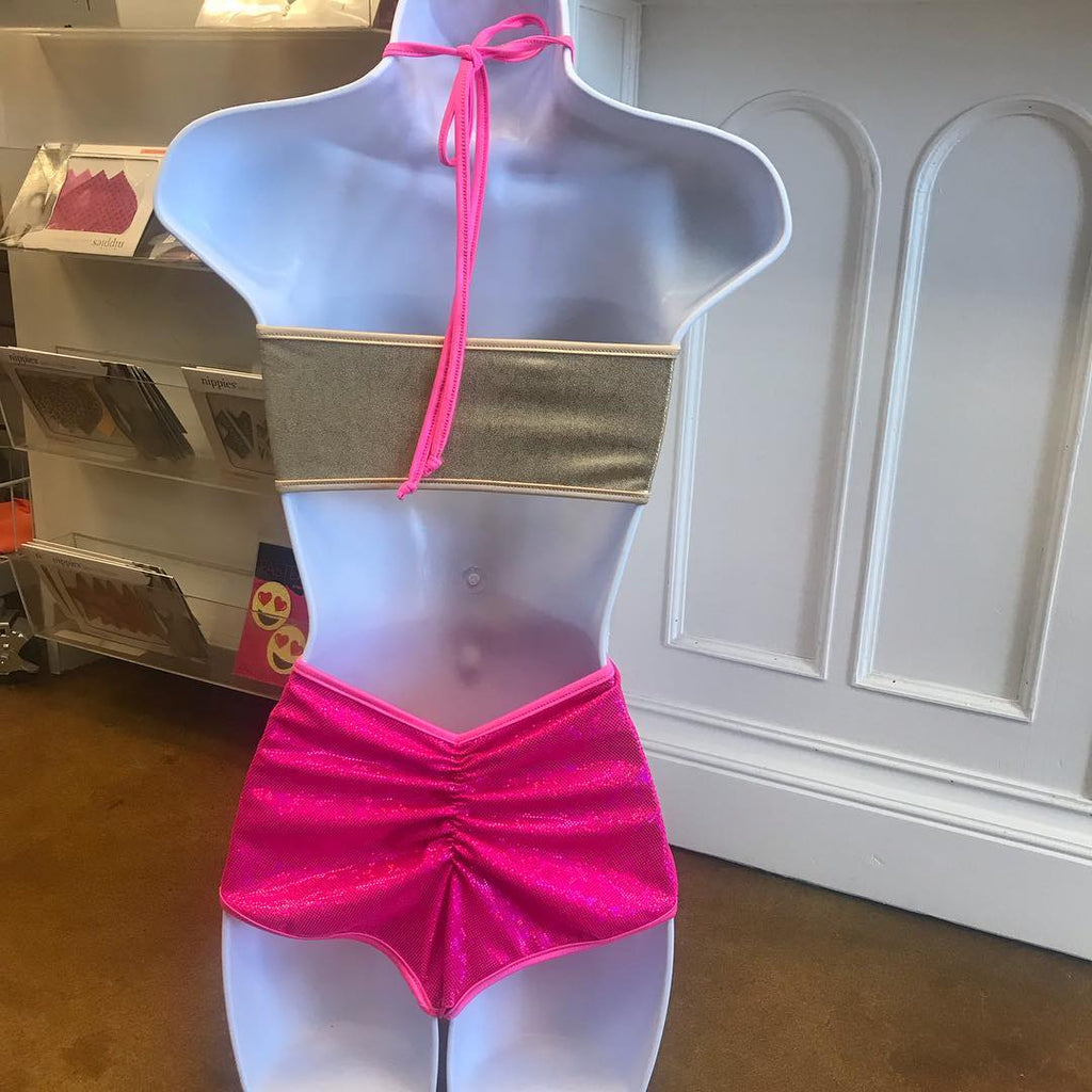 Metallic Gold & Neon Pink Halter One-Piece Swimsuit
