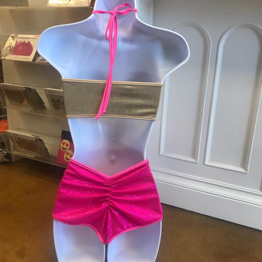Metallic Gold & Neon Pink Halter One-Piece Swimsuit
