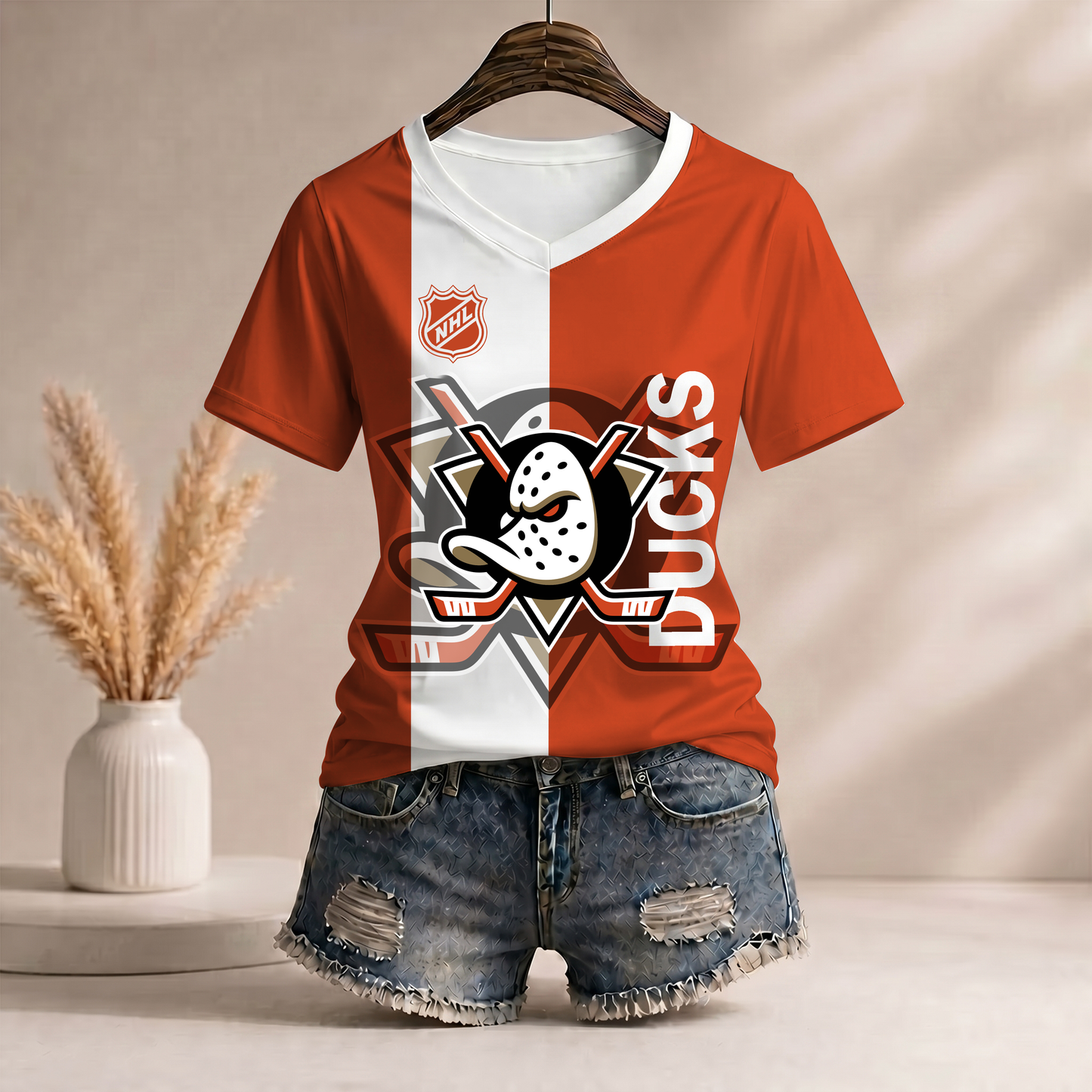 PREMIUM NHL X AC Women�???s Casual Loose Stripe V-Neck T-Shirt NDT VHM 290526