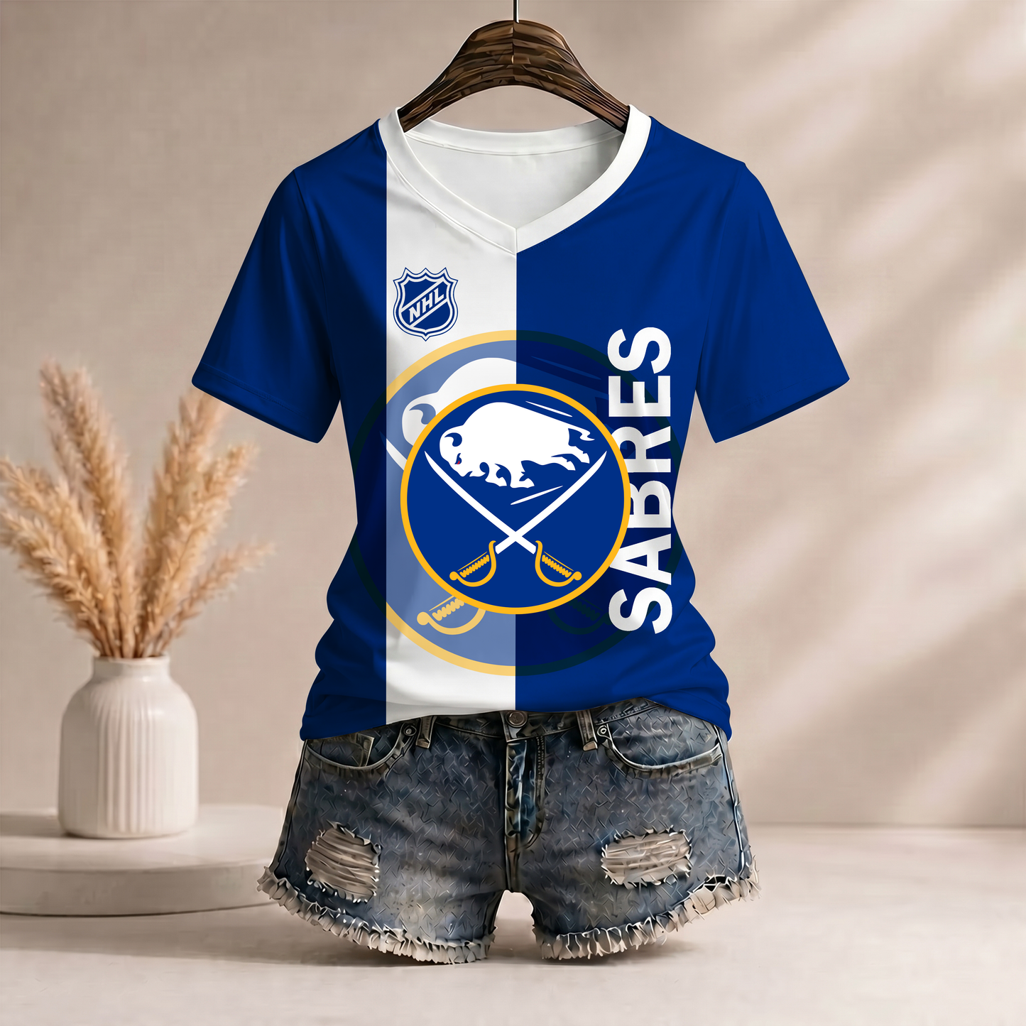 PREMIUM NHL X BS Women�???s Casual Loose Stripe V-Neck T-Shirt NDT VHM 290526