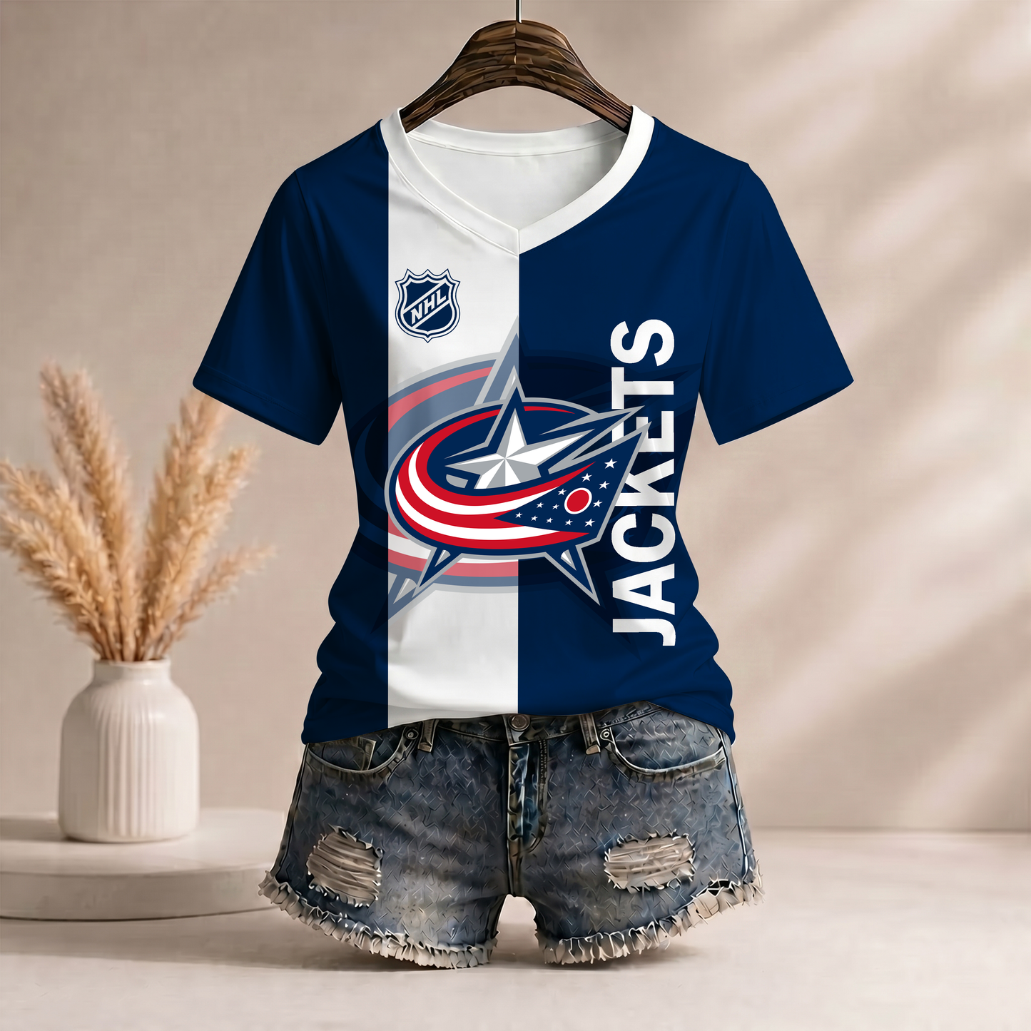 PREMIUM NHL X CBJ Women�???s Casual Loose Stripe V-Neck T-Shirt NDT VHM 290526