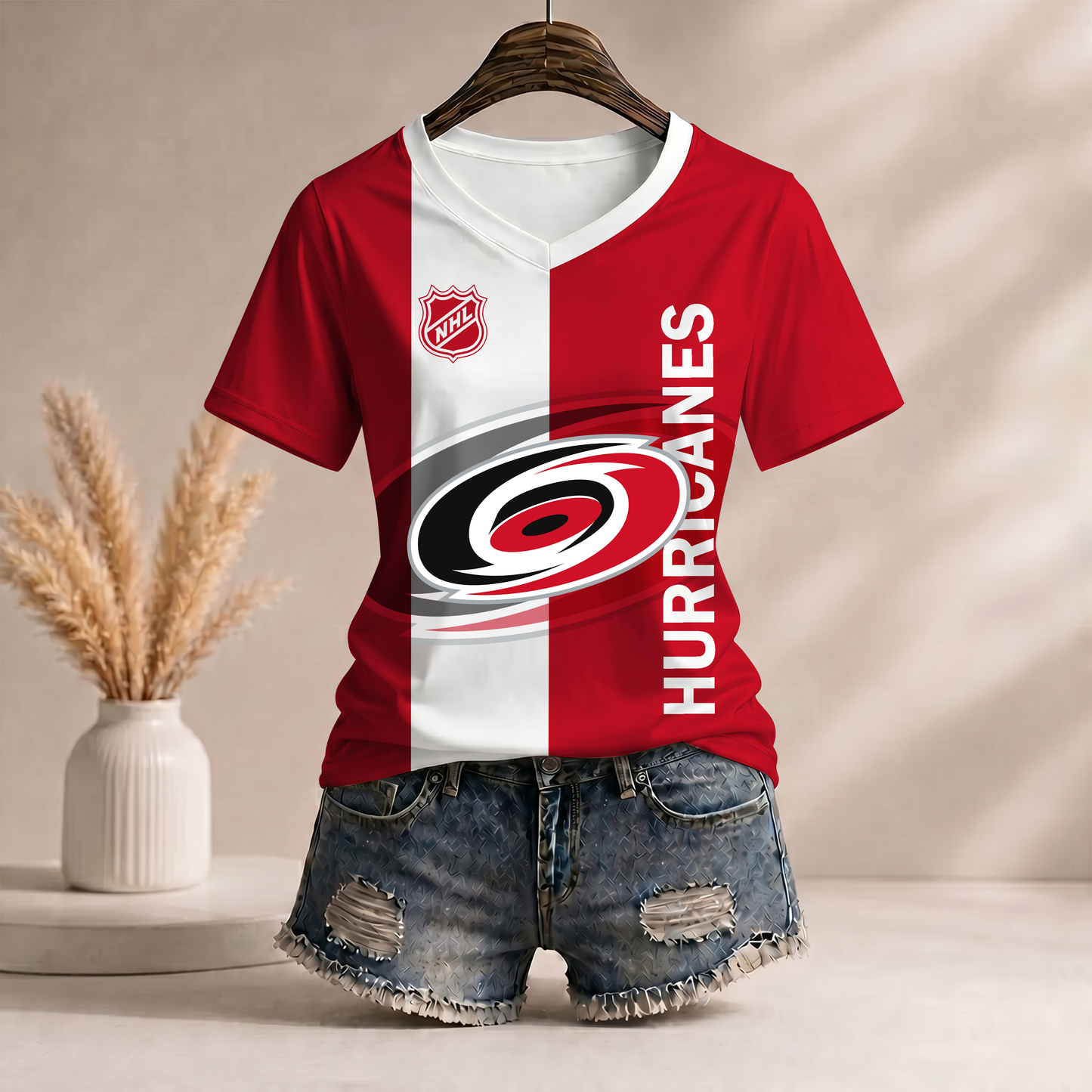 PREMIUM NHL X CH Women�???s Casual Loose Stripe V-Neck T-Shirt NDT VHM 290526