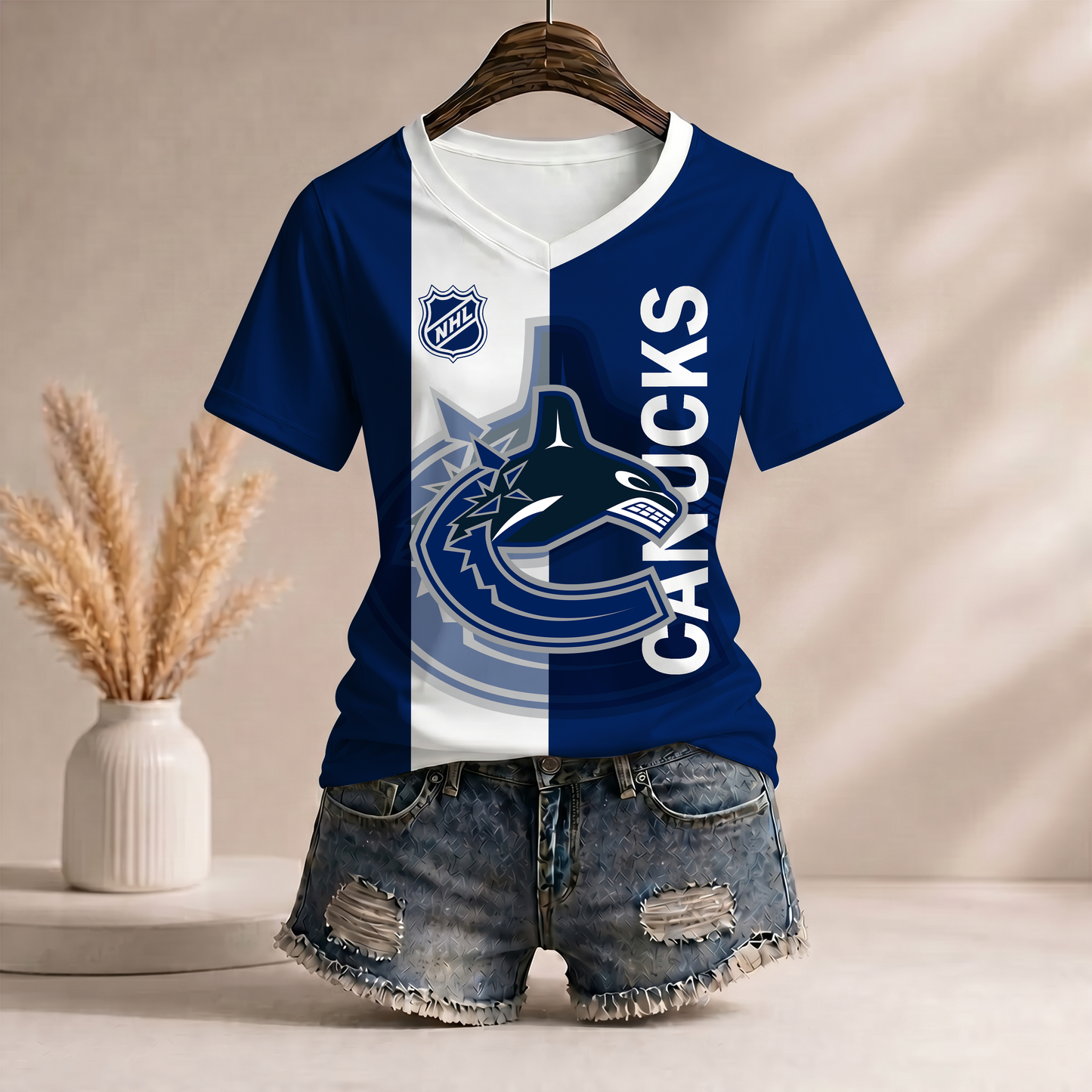 PREMIUM NHL X CV Women�???s Casual Loose Stripe V-Neck T-Shirt NDT VHM 290526
