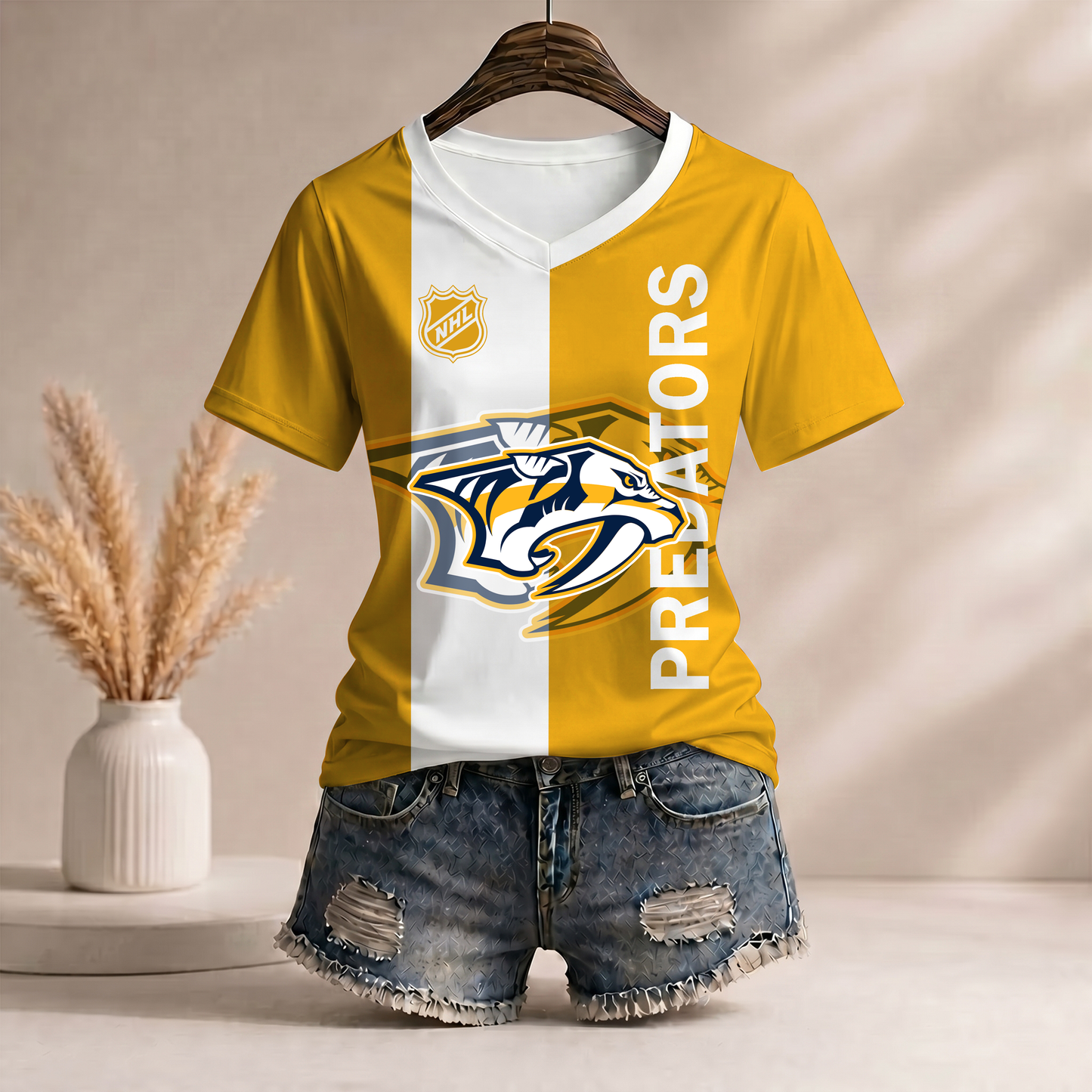 PREMIUM NHL X NP Women�???s Casual Loose Stripe V-Neck T-Shirt NDT VHM 290526