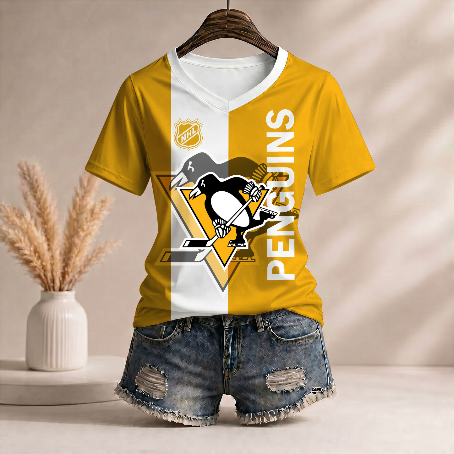 PREMIUM NHL X PP Women�???s Casual Loose Stripe V-Neck T-Shirt NDT VHM 290526