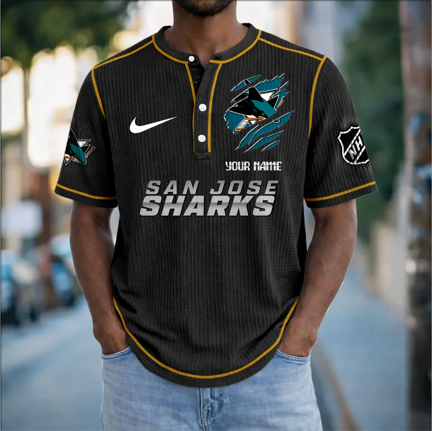 PREMIUM NHL X SJS Crew neck button Henry Shirt Limited Editions NDT VHM 20426