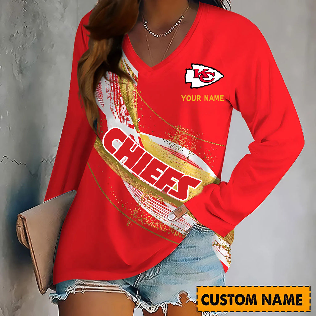 PREMIUM NFL X KCC Women’???s V-Neck Long-Sleeved Shirt - Custom Name Gifts For Fans NDT NHM 240226