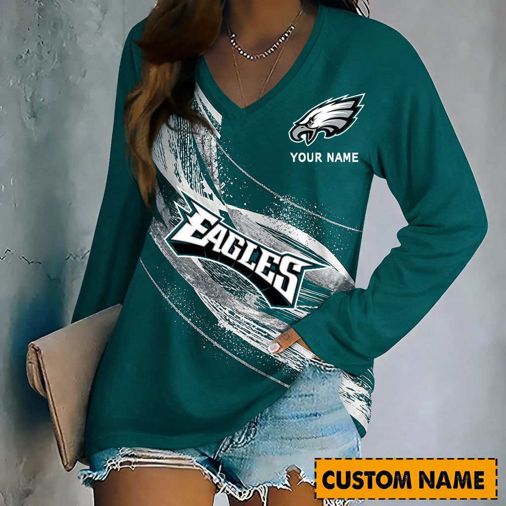 PREMIUM NFL X PHI Women’???s V-Neck Long-Sleeved Shirt - Custom Name Gifts For Fans NDT NHM 240226