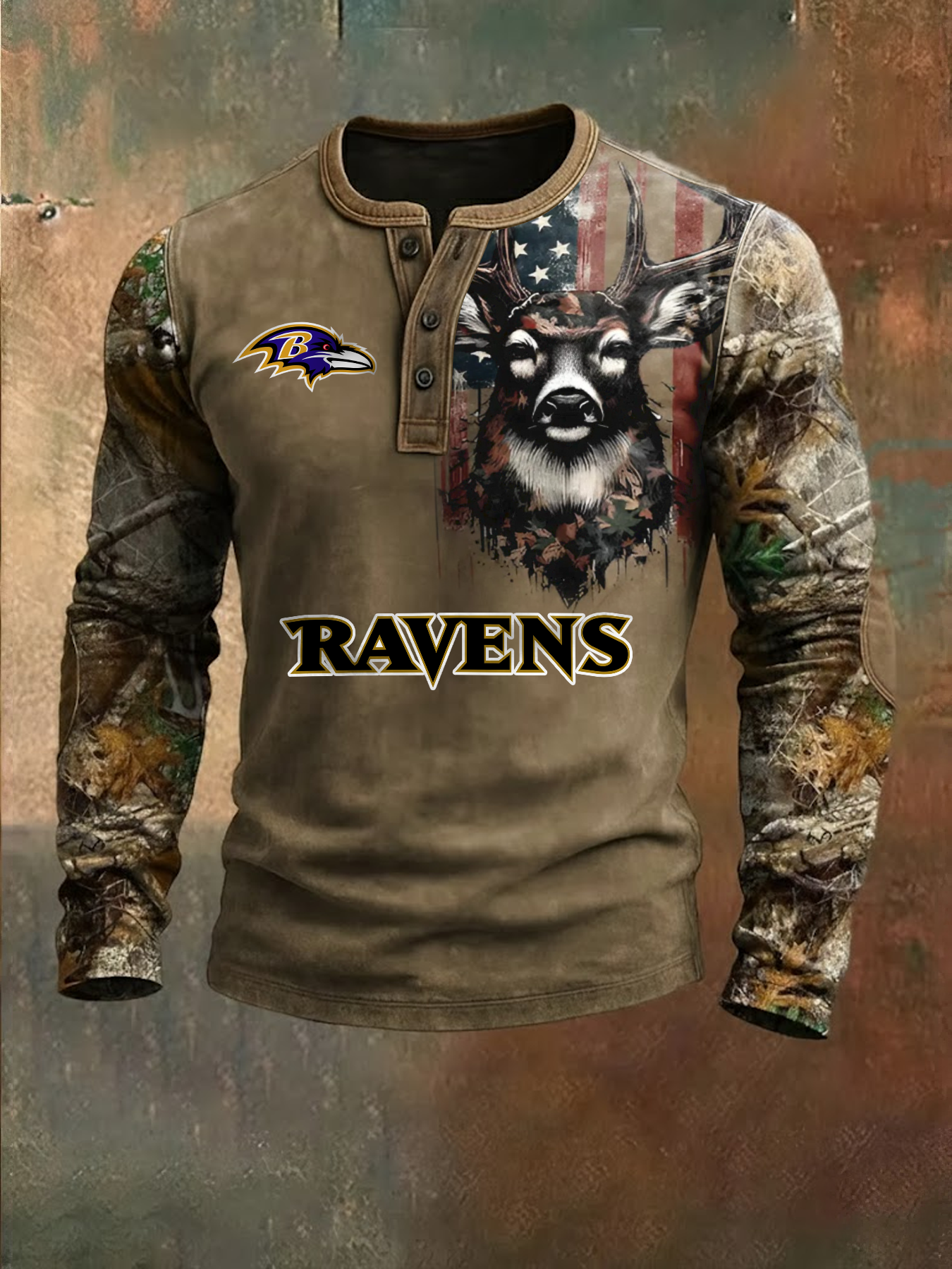 Premium NFL X BAL Retro Western Deer Henley Long Sleeve Shirt NDT NHM 311225