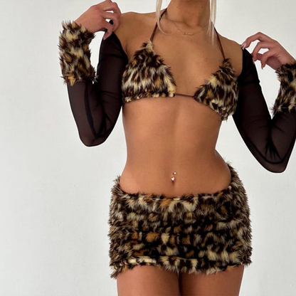 Y2K Leopard Print Faux Fur Triangle Bra Top - Handmade