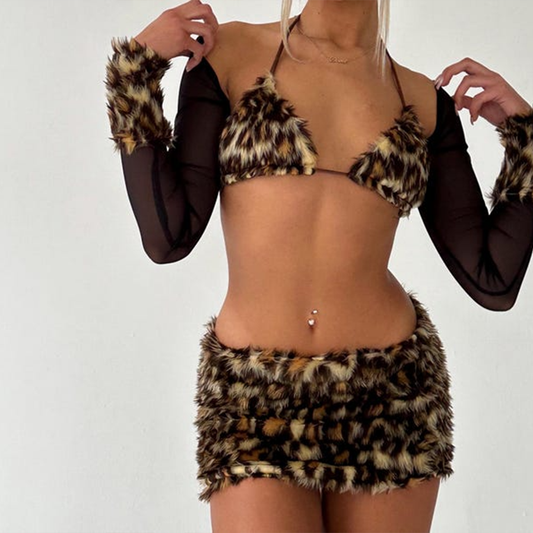 Y2K Leopard Print Faux Fur Triangle Bra Top - Handmade